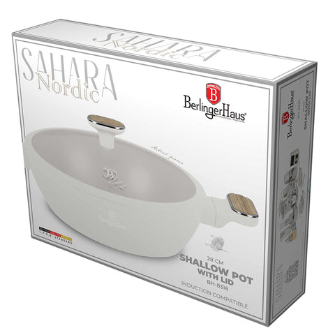 BH/8318, Olla baja con tapa de 28 cm, color crema mate, madera, olla baja de 28 cm, nuevo diseño de mango, olla baja, olla baja con tapa, olla, utensilios de cocina, cocina, ollas y cazuelas