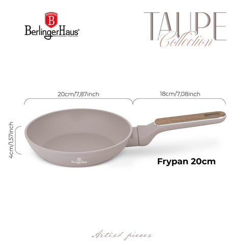 Product image of Frypan 20cm. Part of the Taupe Nordic Collection . Features: • Material: forged aluminum with non-stick titanPro coating • Frypan Ø20*4,5 cm 1,0L • Color: matt taupe, wooden REGISTERED DESIGN BY BERLINGER HAUS!. (Studio view). Official Berlinger Haus product, boosted by Promintra sl.
