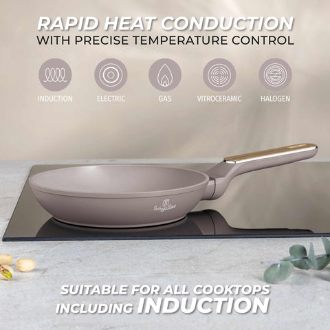 Product image of Frypan 20cm. Part of the Taupe Nordic Collection . Features: • Material: forged aluminum with non-stick titanPro coating • Frypan Ø20*4,5 cm 1,0L • Color: matt taupe, wooden REGISTERED DESIGN BY BERLINGER HAUS!. (Studio view). Official Berlinger Haus product, boosted by Promintra sl.