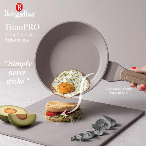 Product image of Frypan 20cm. Part of the Taupe Nordic Collection . Features: • Material: forged aluminum with non-stick titanPro coating • Frypan Ø20*4,5 cm 1,0L • Color: matt taupe, wooden REGISTERED DESIGN BY BERLINGER HAUS!. (Studio view). Official Berlinger Haus product, boosted by Promintra sl.