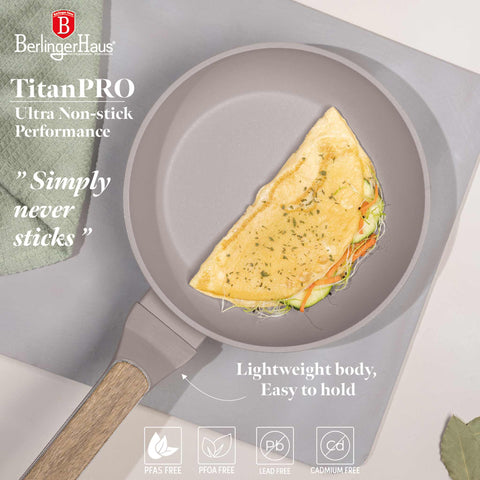 Product image of Frypan 20cm. Part of the Taupe Nordic Collection . Features: • Material: forged aluminum with non-stick titanPro coating • Frypan Ø20*4,5 cm 1,0L • Color: matt taupe, wooden REGISTERED DESIGN BY BERLINGER HAUS!. (Studio view). Official Berlinger Haus product, boosted by Promintra sl.