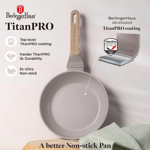 Product image of Frypan 20cm. Part of the Taupe Nordic Collection . Features: • Material: forged aluminum with non-stick titanPro coating • Frypan Ø20*4,5 cm 1,0L • Color: matt taupe, wooden REGISTERED DESIGN BY BERLINGER HAUS!. (Studio view). Official Berlinger Haus product, boosted by Promintra sl.