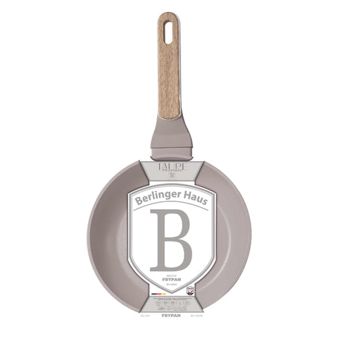 Product image of Frypan 20cm. Part of the Taupe Nordic Collection . Features: • Material: forged aluminum with non-stick titanPro coating • Frypan Ø20*4,5 cm 1,0L • Color: matt taupe, wooden REGISTERED DESIGN BY BERLINGER HAUS!. (Studio view). Official Berlinger Haus product, boosted by Promintra sl.