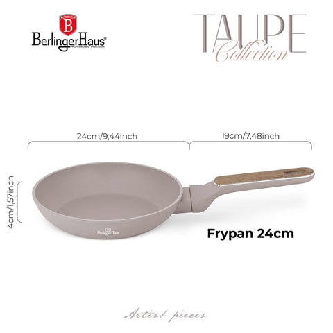 Product image of Frypan 24cm. Part of the Taupe Nordic Collection . Features: • Material: forged aluminum with non-stick titanPro coating • Frypan Ø24*4,8 cm 1,7L • Color: matt taupe, wooden REGISTERED DESIGN BY BERLINGER HAUS!. (Studio view). Official Berlinger Haus product, boosted by Promintra sl.