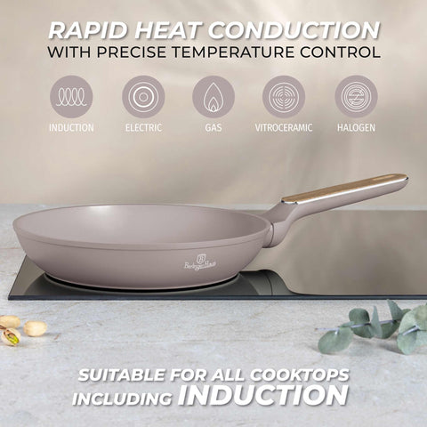 Product image of Frypan 24cm. Part of the Taupe Nordic Collection . Features: • Material: forged aluminum with non-stick titanPro coating • Frypan Ø24*4,8 cm 1,7L • Color: matt taupe, wooden REGISTERED DESIGN BY BERLINGER HAUS!. (Studio view). Official Berlinger Haus product, boosted by Promintra sl.
