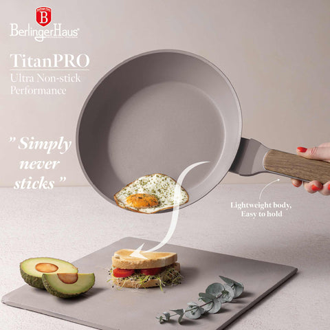 Product image of Frypan 24cm. Part of the Taupe Nordic Collection . Features: • Material: forged aluminum with non-stick titanPro coating • Frypan Ø24*4,8 cm 1,7L • Color: matt taupe, wooden REGISTERED DESIGN BY BERLINGER HAUS!. (Studio view). Official Berlinger Haus product, boosted by Promintra sl.