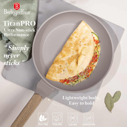 Product image of Frypan 24cm. Part of the Taupe Nordic Collection . Features: • Material: forged aluminum with non-stick titanPro coating • Frypan Ø24*4,8 cm 1,7L • Color: matt taupe, wooden REGISTERED DESIGN BY BERLINGER HAUS!. (Studio view). Official Berlinger Haus product, boosted by Promintra sl.