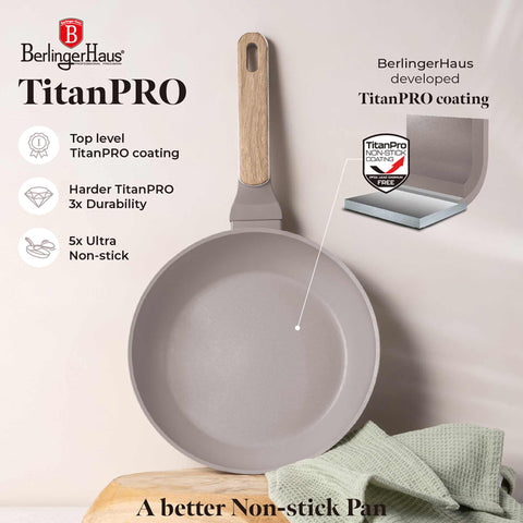 Product image of Frypan 24cm. Part of the Taupe Nordic Collection . Features: • Material: forged aluminum with non-stick titanPro coating • Frypan Ø24*4,8 cm 1,7L • Color: matt taupe, wooden REGISTERED DESIGN BY BERLINGER HAUS!. (Studio view). Official Berlinger Haus product, boosted by Promintra sl.