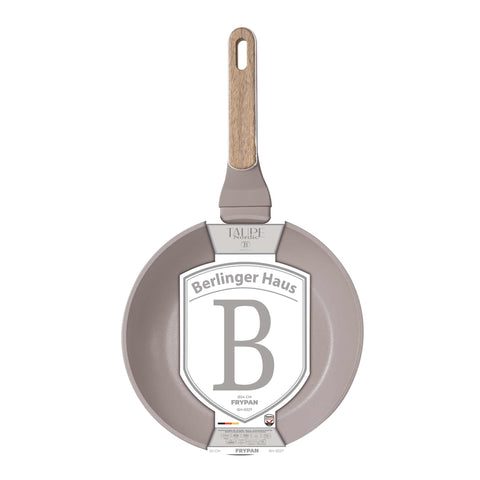 Product image of Frypan 24cm. Part of the Taupe Nordic Collection . Features: • Material: forged aluminum with non-stick titanPro coating • Frypan Ø24*4,8 cm 1,7L • Color: matt taupe, wooden REGISTERED DESIGN BY BERLINGER HAUS!. (Studio view). Official Berlinger Haus product, boosted by Promintra sl.