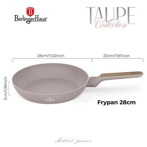 Product image of Frypan 28cm. Part of the Taupe Nordic Collection . Features: • Material: forged aluminum with non-stick titanPro coating • Frypan Ø28*5,2 cm 2,4L • Color: matt taupe, wooden REGISTERED DESIGN BY BERLINGER HAUS!. (Studio view). Official Berlinger Haus product, boosted by Promintra sl.