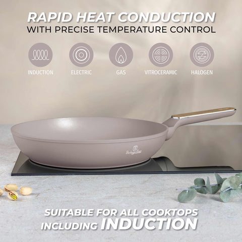 Product image of Frypan 28cm. Part of the Taupe Nordic Collection . Features: • Material: forged aluminum with non-stick titanPro coating • Frypan Ø28*5,2 cm 2,4L • Color: matt taupe, wooden REGISTERED DESIGN BY BERLINGER HAUS!. (Studio view). Official Berlinger Haus product, boosted by Promintra sl.
