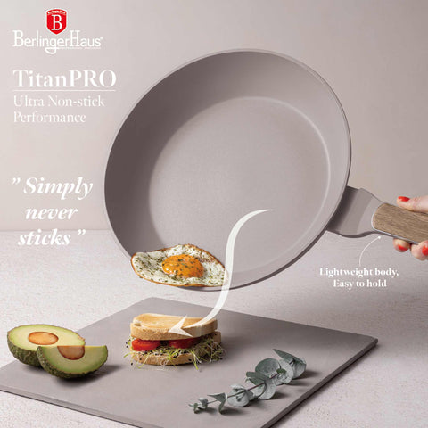 Product image of Frypan 28cm. Part of the Taupe Nordic Collection . Features: • Material: forged aluminum with non-stick titanPro coating • Frypan Ø28*5,2 cm 2,4L • Color: matt taupe, wooden REGISTERED DESIGN BY BERLINGER HAUS!. (Studio view). Official Berlinger Haus product, boosted by Promintra sl.