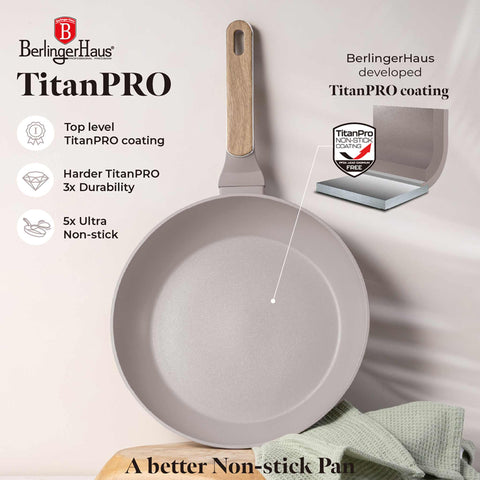 Product image of Frypan 28cm. Part of the Taupe Nordic Collection . Features: • Material: forged aluminum with non-stick titanPro coating • Frypan Ø28*5,2 cm 2,4L • Color: matt taupe, wooden REGISTERED DESIGN BY BERLINGER HAUS!. (Studio view). Official Berlinger Haus product, boosted by Promintra sl.