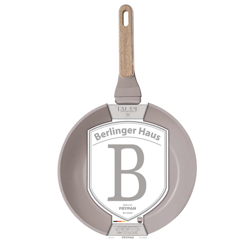 Product image of Frypan 28cm. Part of the Taupe Nordic Collection . Features: • Material: forged aluminum with non-stick titanPro coating • Frypan Ø28*5,2 cm 2,4L • Color: matt taupe, wooden REGISTERED DESIGN BY BERLINGER HAUS!. (Studio view). Official Berlinger Haus product, boosted by Promintra sl.