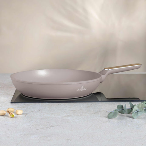Product image of Frypan 28cm. Part of the Taupe Nordic Collection . Features: • Material: forged aluminum with non-stick titanPro coating • Frypan Ø28*5,2 cm 2,4L • Color: matt taupe, wooden REGISTERED DESIGN BY BERLINGER HAUS!. (Studio view). Official Berlinger Haus product, boosted by Promintra sl.