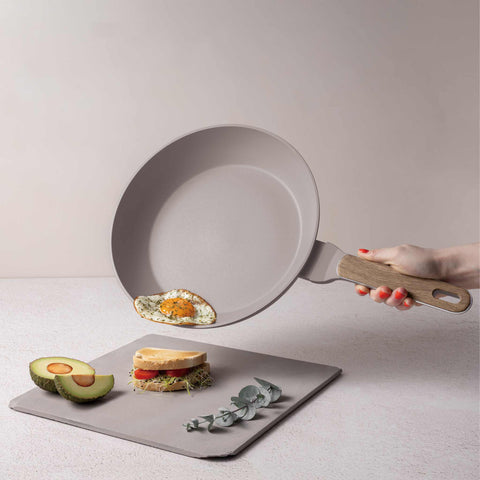 Product image of Frypan 28cm. Part of the Taupe Nordic Collection . Features: • Material: forged aluminum with non-stick titanPro coating • Frypan Ø28*5,2 cm 2,4L • Color: matt taupe, wooden REGISTERED DESIGN BY BERLINGER HAUS!. (Studio view). Official Berlinger Haus product, boosted by Promintra sl.