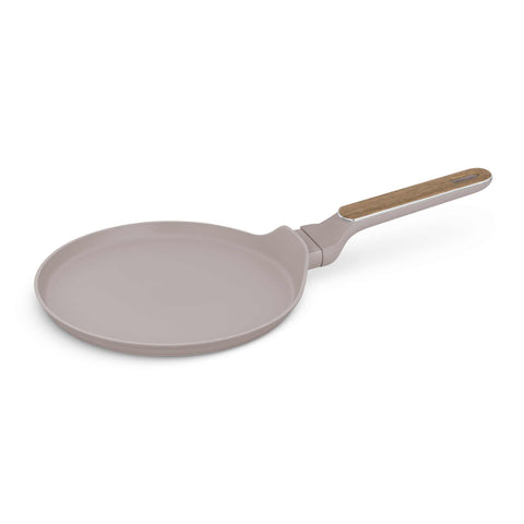Product image of Pancake pan 25cm. Part of the Taupe Nordic Collection . Features: • Material: forged aluminum with non-stick titanPro coating • Pancake pan Ø25*2,2 cm • Color: matt taupe, wooden REGISTERED DESIGN BY BERLINGER HAUS!. (Studio view). Official Berlinger Haus product, boosted by Promintra sl.