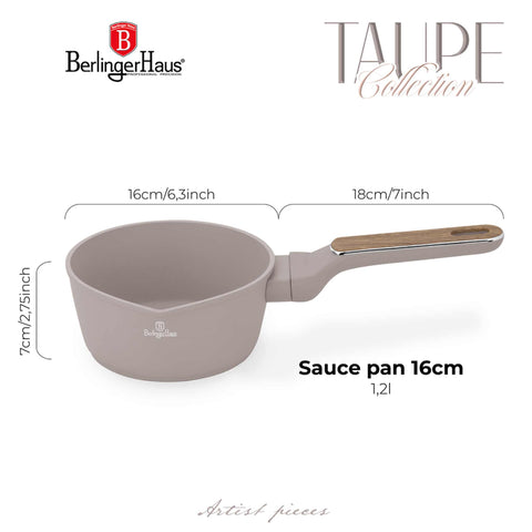Product image of Sauce pan 16cm. Part of the Taupe Nordic Collection . Features: • Material: forged aluminum with non-stick titanPro coating • Sauce pan Ø16*7,5 cm 1,2L • Color: matt taupe, wooden REGISTERED DESIGN BY BERLINGER .... (Studio view). Official Berlinger Haus product, boosted by Promintra sl.