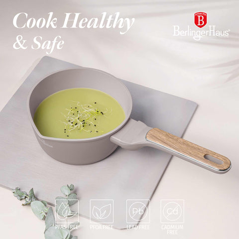 Product image of Sauce pan 16cm. Part of the Taupe Nordic Collection . Features: • Material: forged aluminum with non-stick titanPro coating • Sauce pan Ø16*7,5 cm 1,2L • Color: matt taupe, wooden REGISTERED DESIGN BY BERLINGER .... (Studio view). Official Berlinger Haus product, boosted by Promintra sl.