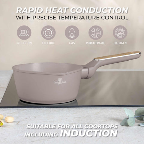 Product image of Sauce pan 16cm. Part of the Taupe Nordic Collection . Features: • Material: forged aluminum with non-stick titanPro coating • Sauce pan Ø16*7,5 cm 1,2L • Color: matt taupe, wooden REGISTERED DESIGN BY BERLINGER .... (Studio view). Official Berlinger Haus product, boosted by Promintra sl.