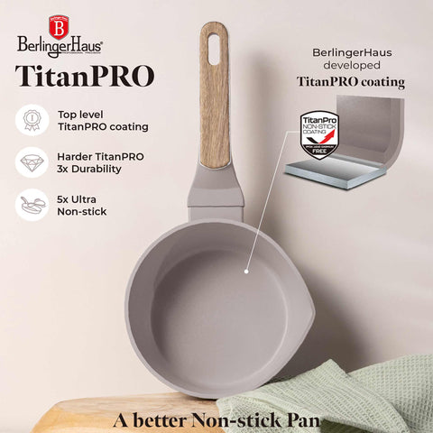 Product image of Sauce pan 16cm. Part of the Taupe Nordic Collection . Features: • Material: forged aluminum with non-stick titanPro coating • Sauce pan Ø16*7,5 cm 1,2L • Color: matt taupe, wooden REGISTERED DESIGN BY BERLINGER .... (Studio view). Official Berlinger Haus product, boosted by Promintra sl.