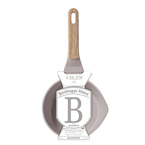 Product image of Sauce pan 16cm. Part of the Taupe Nordic Collection . Features: • Material: forged aluminum with non-stick titanPro coating • Sauce pan Ø16*7,5 cm 1,2L • Color: matt taupe, wooden REGISTERED DESIGN BY BERLINGER .... (Studio view). Official Berlinger Haus product, boosted by Promintra sl.