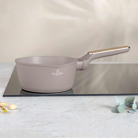 Product image of Sauce pan 16cm. Part of the Taupe Nordic Collection . Features: • Material: forged aluminum with non-stick titanPro coating • Sauce pan Ø16*7,5 cm 1,2L • Color: matt taupe, wooden REGISTERED DESIGN BY BERLINGER .... (Studio view). Official Berlinger Haus product, boosted by Promintra sl.