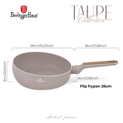 Product image of Flip frypan 26cm. Part of the Taupe Nordic Collection . Features: • Material: stamp aluminum with non-stick titanPro coating • Flip frypan Ø26 cm 2,8L • Color: matt taupe, wooden REGISTERED DESIGN BY BERLINGER HAUS!. (Studio view). Official Berlinger Haus product, boosted by Promintra sl.