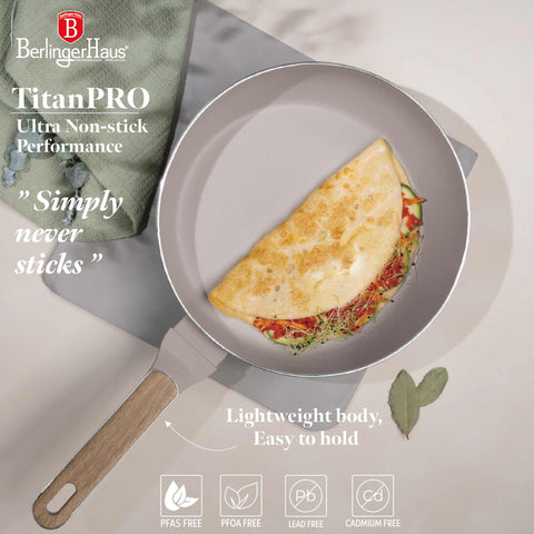 Product image of Flip frypan 26cm. Part of the Taupe Nordic Collection . Features: • Material: stamp aluminum with non-stick titanPro coating • Flip frypan Ø26 cm 2,8L • Color: matt taupe, wooden REGISTERED DESIGN BY BERLINGER HAUS!. (Studio view). Official Berlinger Haus product, boosted by Promintra sl.