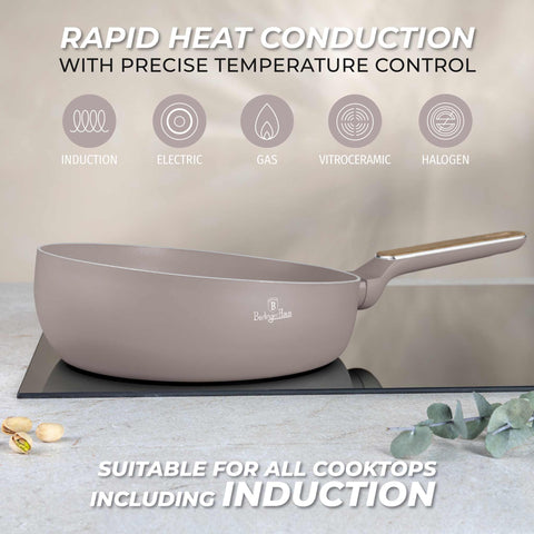 Product image of Flip frypan 26cm. Part of the Taupe Nordic Collection . Features: • Material: stamp aluminum with non-stick titanPro coating • Flip frypan Ø26 cm 2,8L • Color: matt taupe, wooden REGISTERED DESIGN BY BERLINGER HAUS!. (Studio view). Official Berlinger Haus product, boosted by Promintra sl.