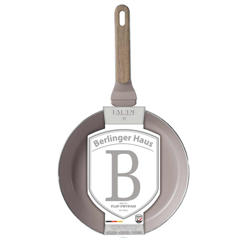 Product image of Flip frypan 26cm. Part of the Taupe Nordic Collection . Features: • Material: stamp aluminum with non-stick titanPro coating • Flip frypan Ø26 cm 2,8L • Color: matt taupe, wooden REGISTERED DESIGN BY BERLINGER HAUS!. (Studio view). Official Berlinger Haus product, boosted by Promintra sl.