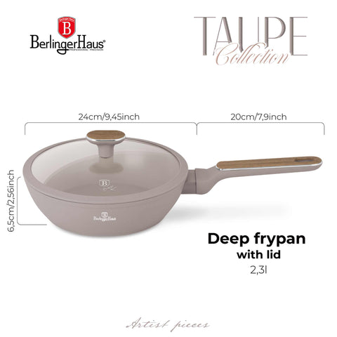 Product image of Deep frypan with lid 24cm. Part of the Taupe Nordic Collection . Features: • Material: forged aluminum with non-stick titanPro coating • Deep frypan with lid Ø24*6,5 cm 2,3L • Color: matt taupe, wooden REGISTERED DESIGN BY.... (Studio view). Official Berlinger Haus product, boosted by Promintra sl.
