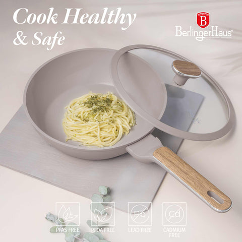 Product image of Deep frypan with lid 24cm. Part of the Taupe Nordic Collection . Features: • Material: forged aluminum with non-stick titanPro coating • Deep frypan with lid Ø24*6,5 cm 2,3L • Color: matt taupe, wooden REGISTERED DESIGN BY.... (Studio view). Official Berlinger Haus product, boosted by Promintra sl.