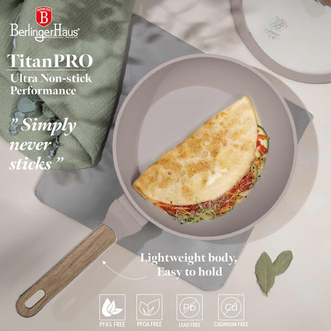 Product image of Deep frypan with lid 24cm. Part of the Taupe Nordic Collection . Features: • Material: forged aluminum with non-stick titanPro coating • Deep frypan with lid Ø24*6,5 cm 2,3L • Color: matt taupe, wooden REGISTERED DESIGN BY.... (Studio view). Official Berlinger Haus product, boosted by Promintra sl.