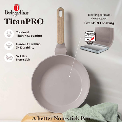 Product image of Deep frypan with lid 24cm. Part of the Taupe Nordic Collection . Features: • Material: forged aluminum with non-stick titanPro coating • Deep frypan with lid Ø24*6,5 cm 2,3L • Color: matt taupe, wooden REGISTERED DESIGN BY.... (Studio view). Official Berlinger Haus product, boosted by Promintra sl.