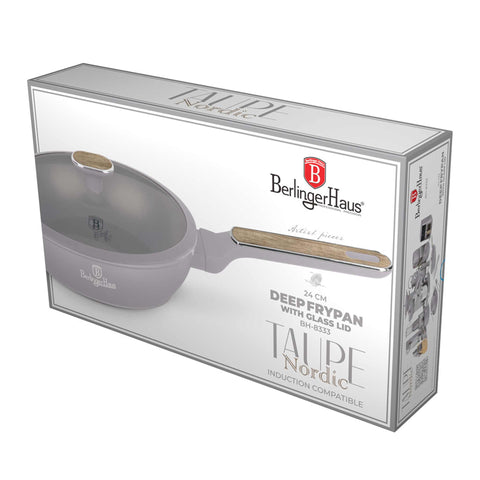 BH/8333, Deep frypan with lid 24cm, matt-taupe,wooden, 24 cm deep frypan, frypan, deep frypan, deep frypan with lid, frying pan, cookware, cooking