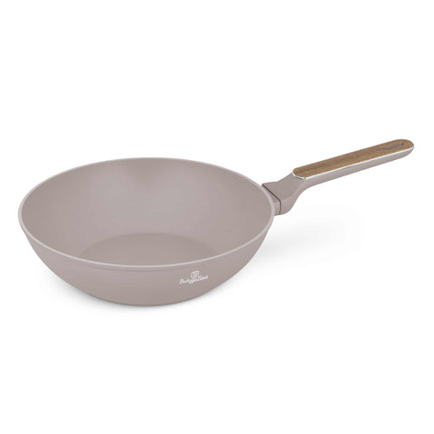Product image of Wok 28cm. Part of the Taupe Nordic Collection . Features: • Material: forged aluminum with non-stick titanPro coating • Wok Ø28*7,8 cm 3,5L • Color: matt taupe, wooden REGISTERED DESIGN BY BERLINGER HAUS!. (Studio view). Official Berlinger Haus product, boosted by Promintra sl.