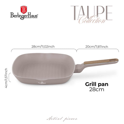 Product image of Grill pan 28cm. Part of the Taupe Nordic Collection . Features: • Material: forged aluminum with non-stick titanPro coating • Grill pan Ø28*4,1 cm 2,1L • Color: matt taupe, wooden REGISTERED DESIGN BY BERLINGER .... (Studio view). Official Berlinger Haus product, boosted by Promintra sl.