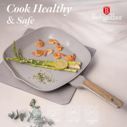 Product image of Grill pan 28cm. Part of the Taupe Nordic Collection . Features: • Material: forged aluminum with non-stick titanPro coating • Grill pan Ø28*4,1 cm 2,1L • Color: matt taupe, wooden REGISTERED DESIGN BY BERLINGER .... (Studio view). Official Berlinger Haus product, boosted by Promintra sl.