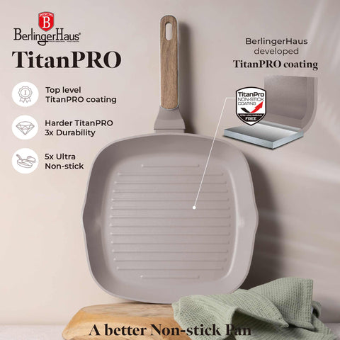 Product image of Grill pan 28cm. Part of the Taupe Nordic Collection . Features: • Material: forged aluminum with non-stick titanPro coating • Grill pan Ø28*4,1 cm 2,1L • Color: matt taupe, wooden REGISTERED DESIGN BY BERLINGER .... (Studio view). Official Berlinger Haus product, boosted by Promintra sl.