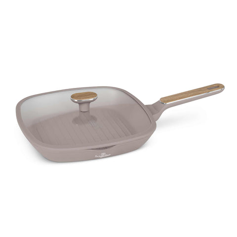 Product image of Grill pan with lid 28cm. Part of the Taupe Nordic Collection . Features: • Material: forged aluminum with non-stick titanPro coating • Grill pan with lid Ø28*4,1 cm 2,1L • Color: matt taupe, wooden REGISTERED DESIGN BY B.... (Studio view). Official Berlinger Haus product, boosted by Promintra sl.