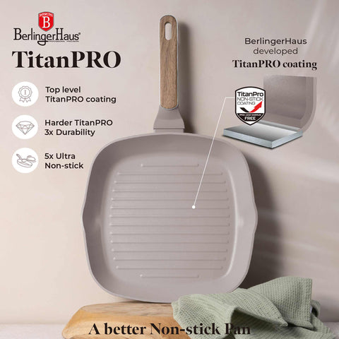 Product image of Grill pan with lid 28cm. Part of the Taupe Nordic Collection . Features: • Material: forged aluminum with non-stick titanPro coating • Grill pan with lid Ø28*4,1 cm 2,1L • Color: matt taupe, wooden REGISTERED DESIGN BY B.... (Studio view). Official Berlinger Haus product, boosted by Promintra sl.