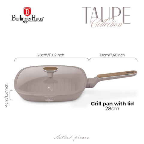 Product image of Grill pan with lid 28cm. Part of the Taupe Nordic Collection . Features: • Material: forged aluminum with non-stick titanPro coating • Grill pan with lid Ø28*4,1 cm 2,1L • Color: matt taupe, wooden REGISTERED DESIGN BY B.... (Studio view). Official Berlinger Haus product, boosted by Promintra sl.