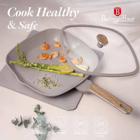 Product image of Grill pan with lid 28cm. Part of the Taupe Nordic Collection . Features: • Material: forged aluminum with non-stick titanPro coating • Grill pan with lid Ø28*4,1 cm 2,1L • Color: matt taupe, wooden REGISTERED DESIGN BY B.... (Studio view). Official Berlinger Haus product, boosted by Promintra sl.