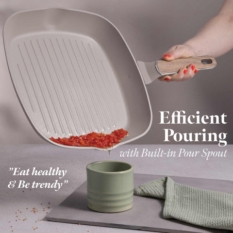 Product image of Grill pan with lid 28cm. Part of the Taupe Nordic Collection . Features: • Material: forged aluminum with non-stick titanPro coating • Grill pan with lid Ø28*4,1 cm 2,1L • Color: matt taupe, wooden REGISTERED DESIGN BY B.... (Studio view). Official Berlinger Haus product, boosted by Promintra sl.