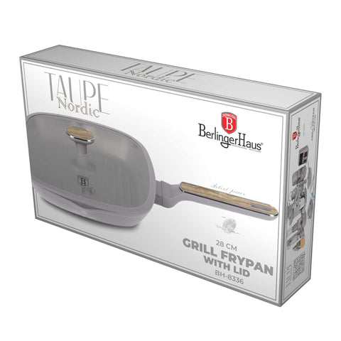 BH/8336, Grill pan with lid 28cm, matt-taupe,wooden, 28 cm grill pan with lid, frypan, frying pan, grill pan, grill pan with lid, cookware, cooking