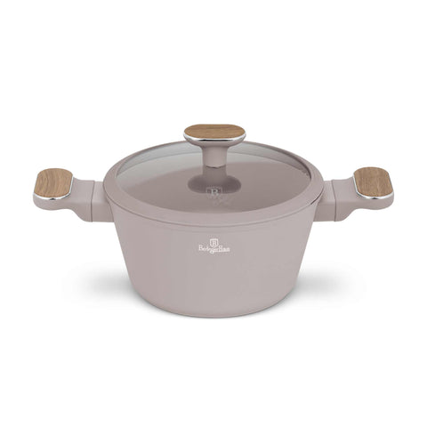 Product image of Casserole with lid 20cm. Part of the Taupe Nordic Collection . Features: • Material: forged aluminum with non-stick titanPro coating • Casserole with lid Ø20*11 cm 2,6L • Color: matt taupe, wooden REGISTERED DESIGN BY BE.... (Studio view). Official Berlinger Haus product, boosted by Promintra sl.