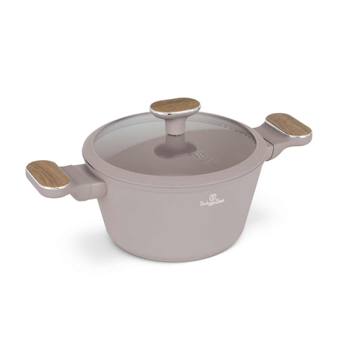 Product image of Casserole with lid 20cm. Part of the Taupe Nordic Collection . Features: • Material: forged aluminum with non-stick titanPro coating • Casserole with lid Ø20*11 cm 2,6L • Color: matt taupe, wooden REGISTERED DESIGN BY BE.... (Studio view). Official Berlinger Haus product, boosted by Promintra sl.