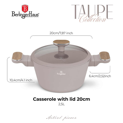 Product image of Casserole with lid 20cm. Part of the Taupe Nordic Collection . Features: • Material: forged aluminum with non-stick titanPro coating • Casserole with lid Ø20*11 cm 2,6L • Color: matt taupe, wooden REGISTERED DESIGN BY BE.... (Studio view). Official Berlinger Haus product, boosted by Promintra sl.