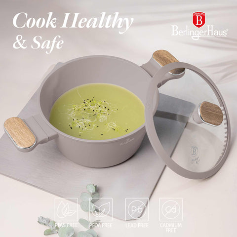 Product image of Casserole with lid 20cm. Part of the Taupe Nordic Collection . Features: • Material: forged aluminum with non-stick titanPro coating • Casserole with lid Ø20*11 cm 2,6L • Color: matt taupe, wooden REGISTERED DESIGN BY BE.... (Studio view). Official Berlinger Haus product, boosted by Promintra sl.